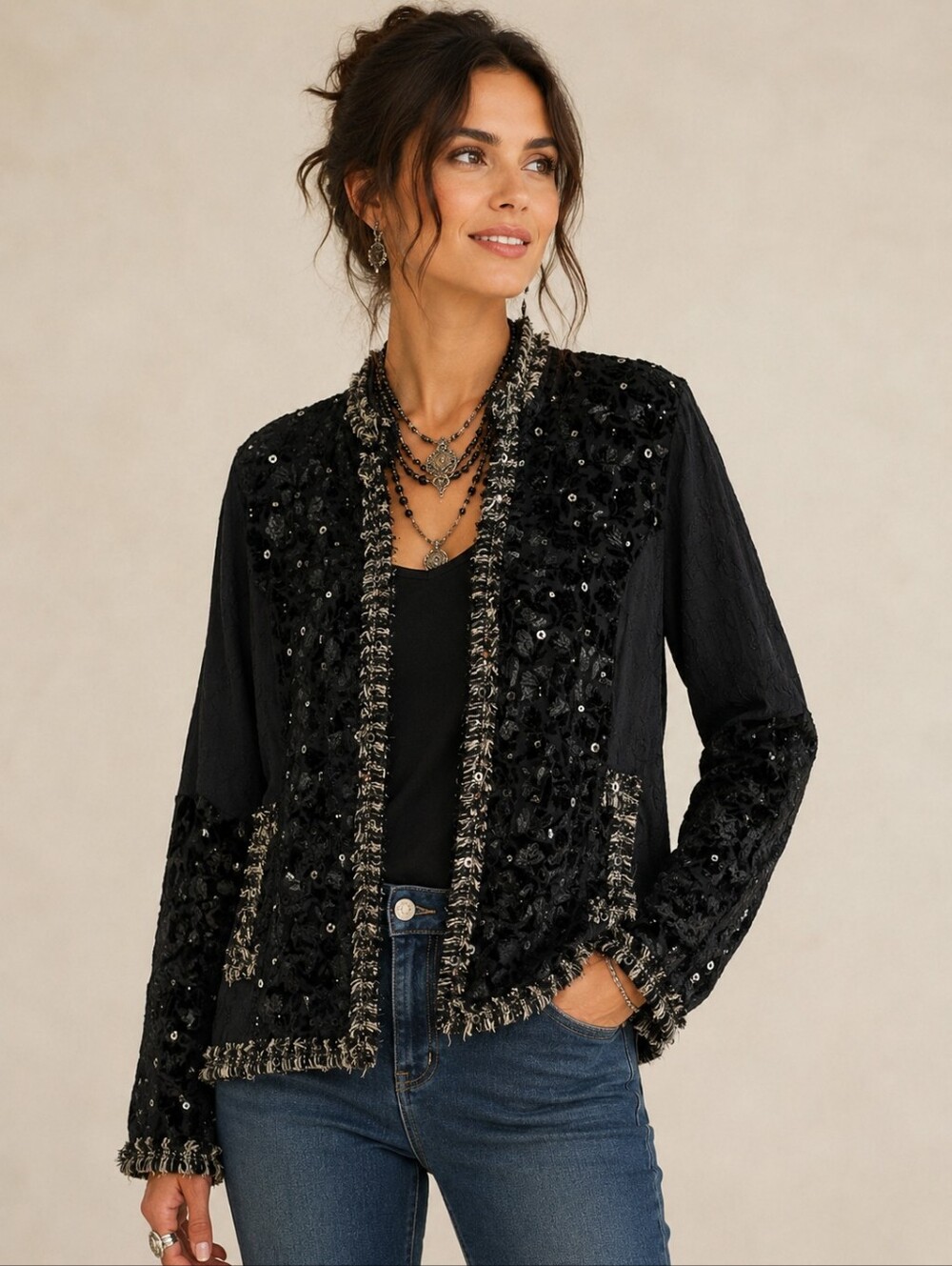 Yak Magik Embellished Velvet Burnout Open Jacket – Medium